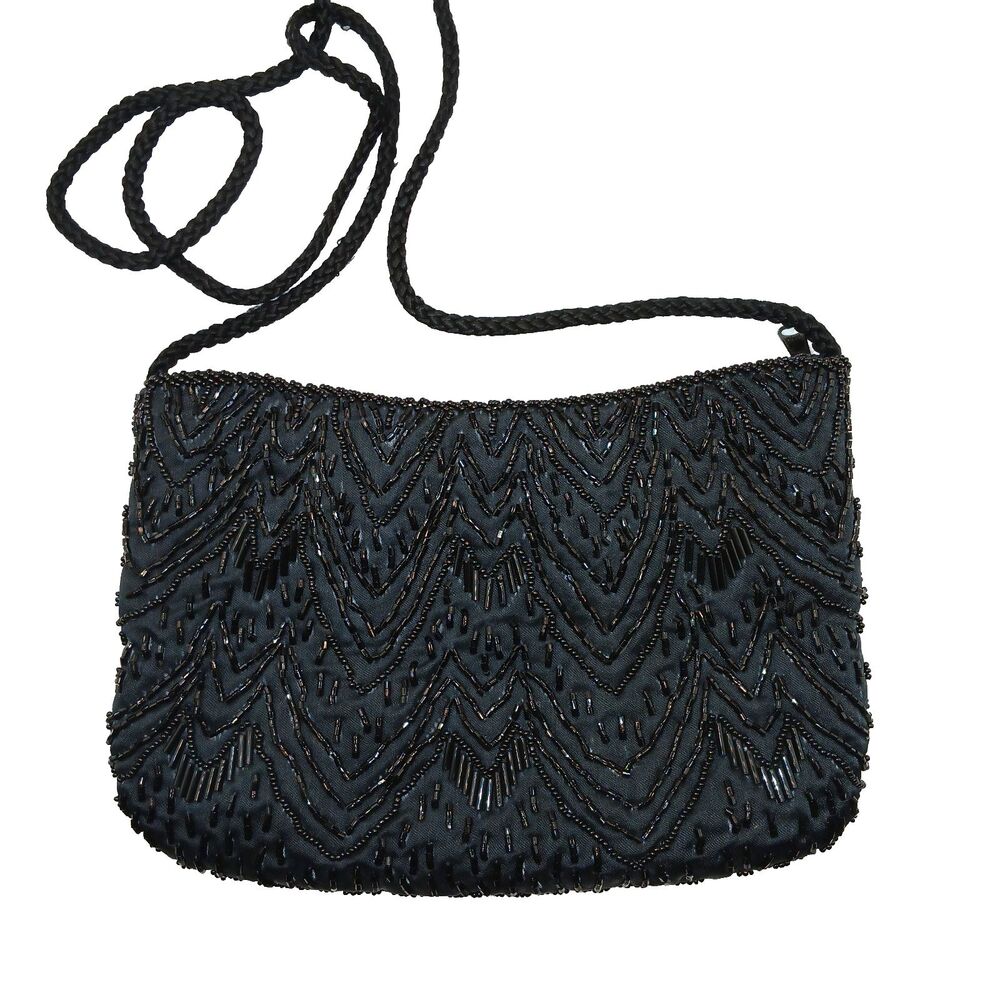 Vintage Carolyne Barton Night Black Beaded Evening Bag Should Strap 5.5x8.25 in